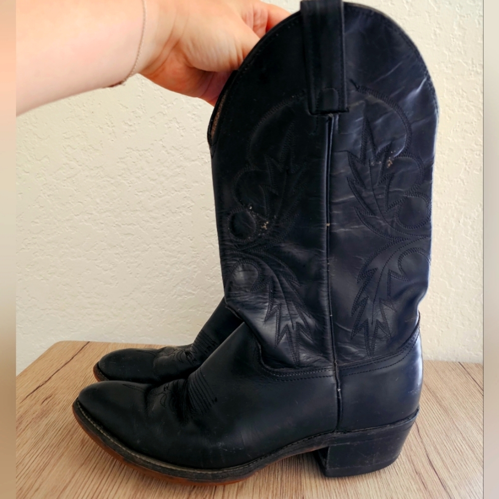 Abilene Cowboy Western Festival Floral Embroidered Black Leather Boots, size 8-9
